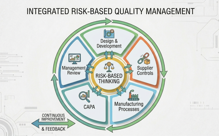 Risk‑based approach applied across quality management system processes per ISO 13485